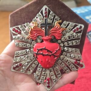 Sacred Heart Brooch with Cross and Rhinestones